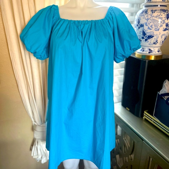 Sugarlips Turquoise Blue Dress Smocked Boho Puff Sleeves Size Medium 100% Cotton - Picture 2 of 10